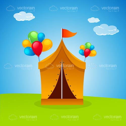 Illustrated Party Tent with Grass and Sky
